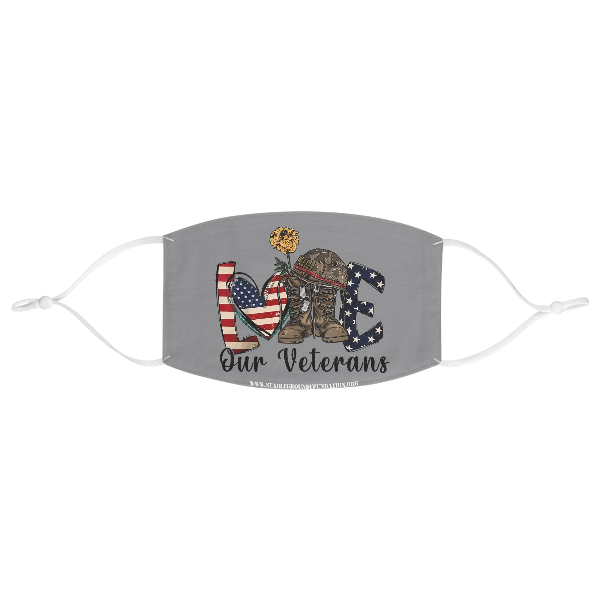 Gray patriotic face mask with American flag LOVE letters and battlefield cross design that says Love Our Veterans.