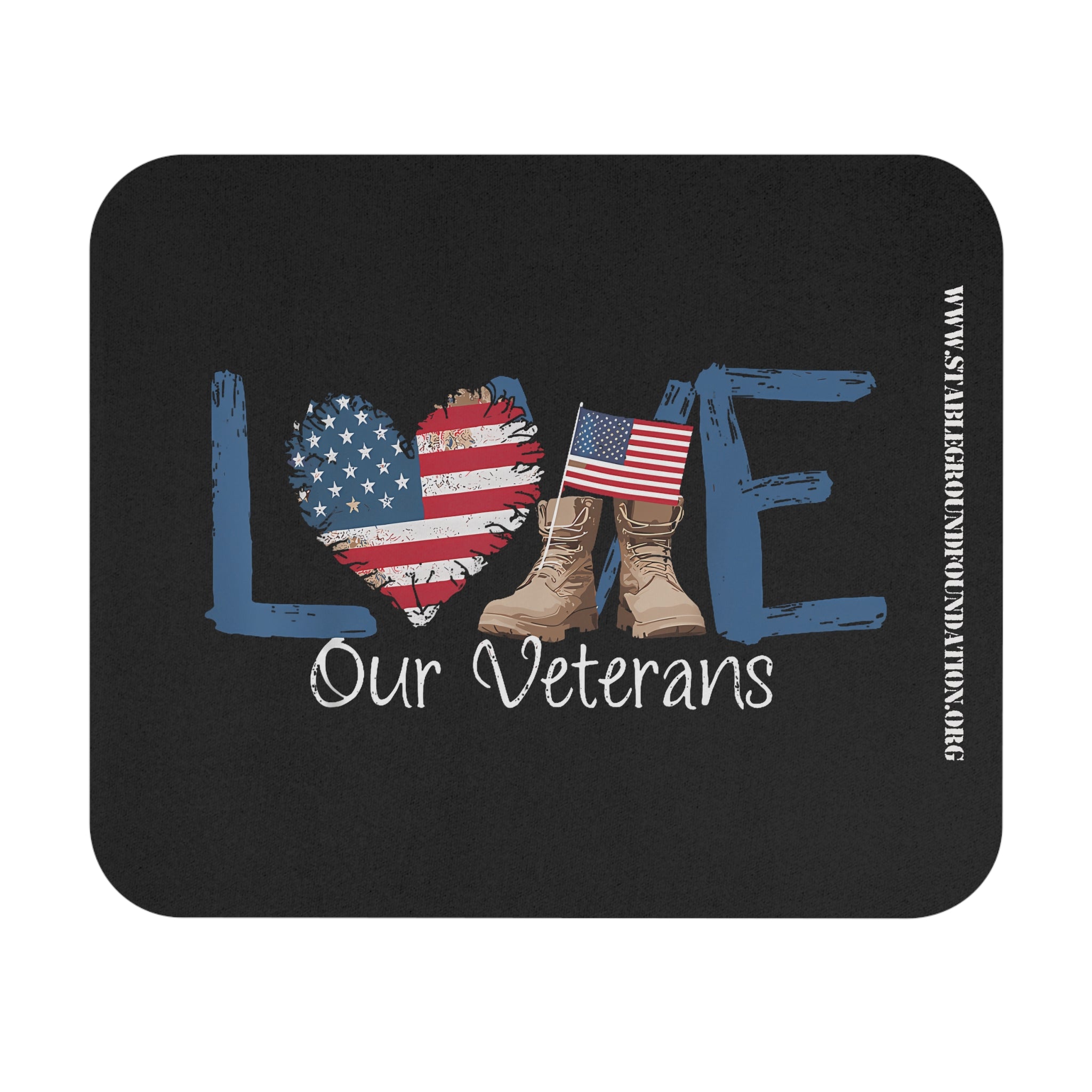 Patriotic mouse pad featuring blue LOVE letters, American flag heart, and military boots with the words Love Our Veterans.