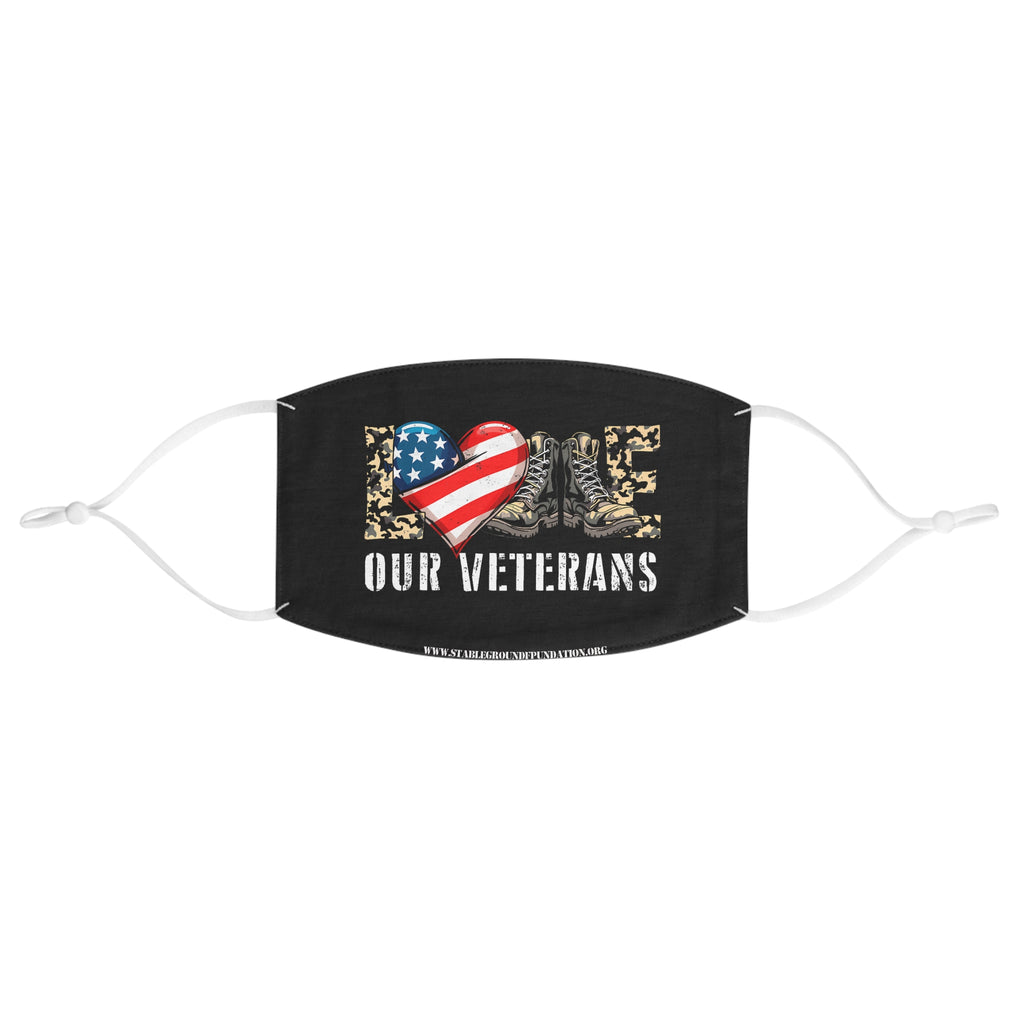 Black patriotic face mask with camo letters, American flag heart, and military boots design that says Love Our Veterans.