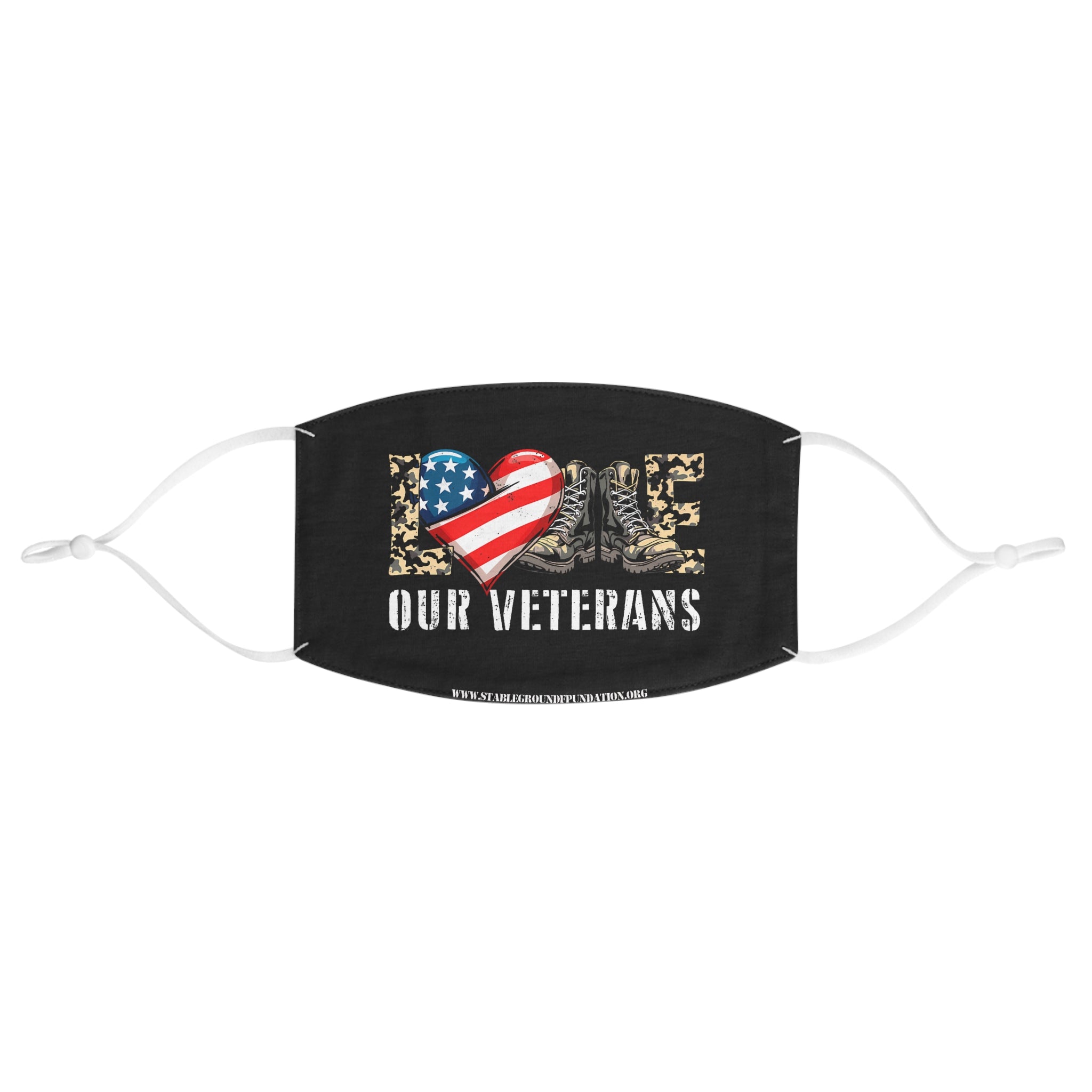 Black patriotic face mask with camo letters, American flag heart, and military boots design that says Love Our Veterans.