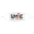White patriotic face mask with camo LOVE letters, American flag heart, and military boots design that says Love Our Veterans.