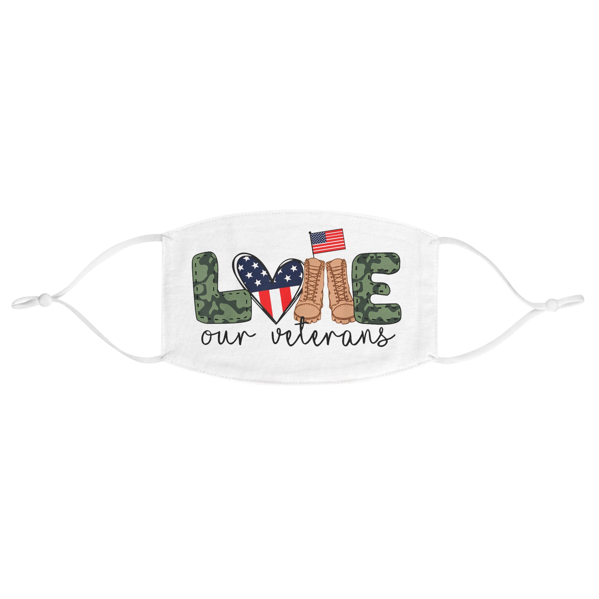 White patriotic face mask with camo LOVE letters, American flag heart, and military boots design that says Love Our Veterans.
