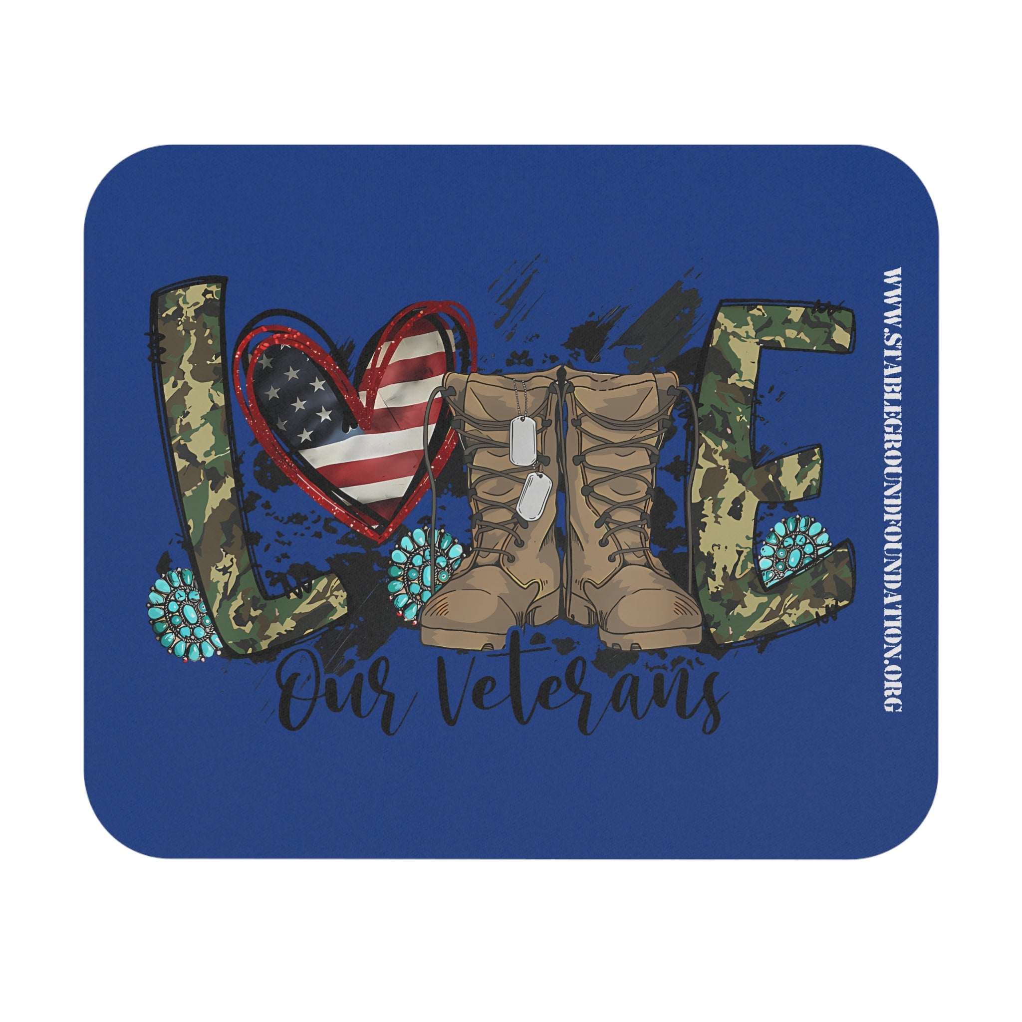 Blue patriotic mouse pad featuring camouflage LOVE letters, American flag heart, and military boots with dog tags saying Love Our Veterans.
