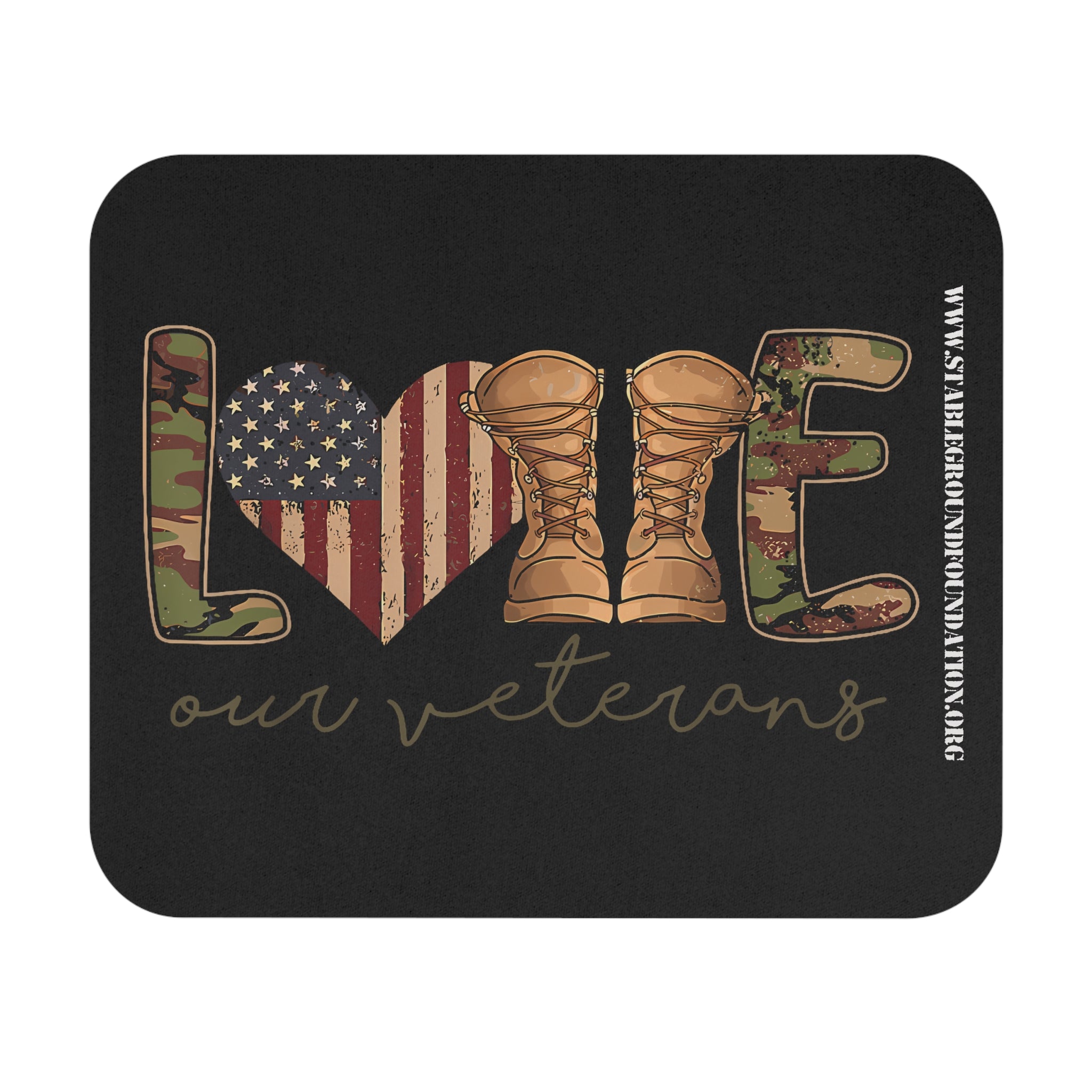 Patriotic mouse pad featuring camouflage LOVE letters, American flag heart, and military boots with the words Love Our Veterans.