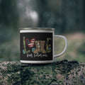 Enamel mug with camo letters spelling LOVE, heart with American flag, and combat boots design honoring veterans.