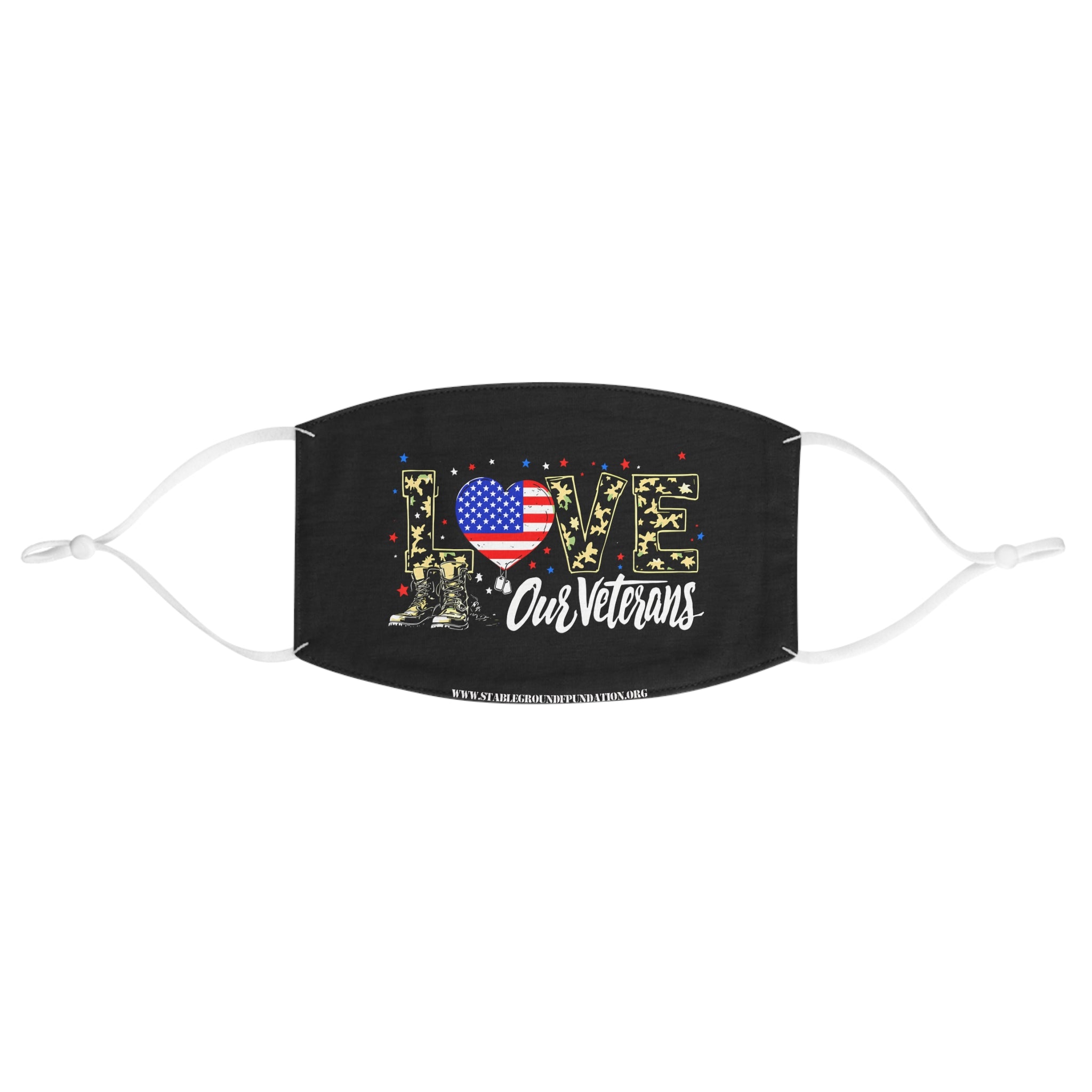 Black patriotic face mask with camo LOVE letters, American flag heart, and text Love Our Veterans featuring stablegroundfoundation.org.