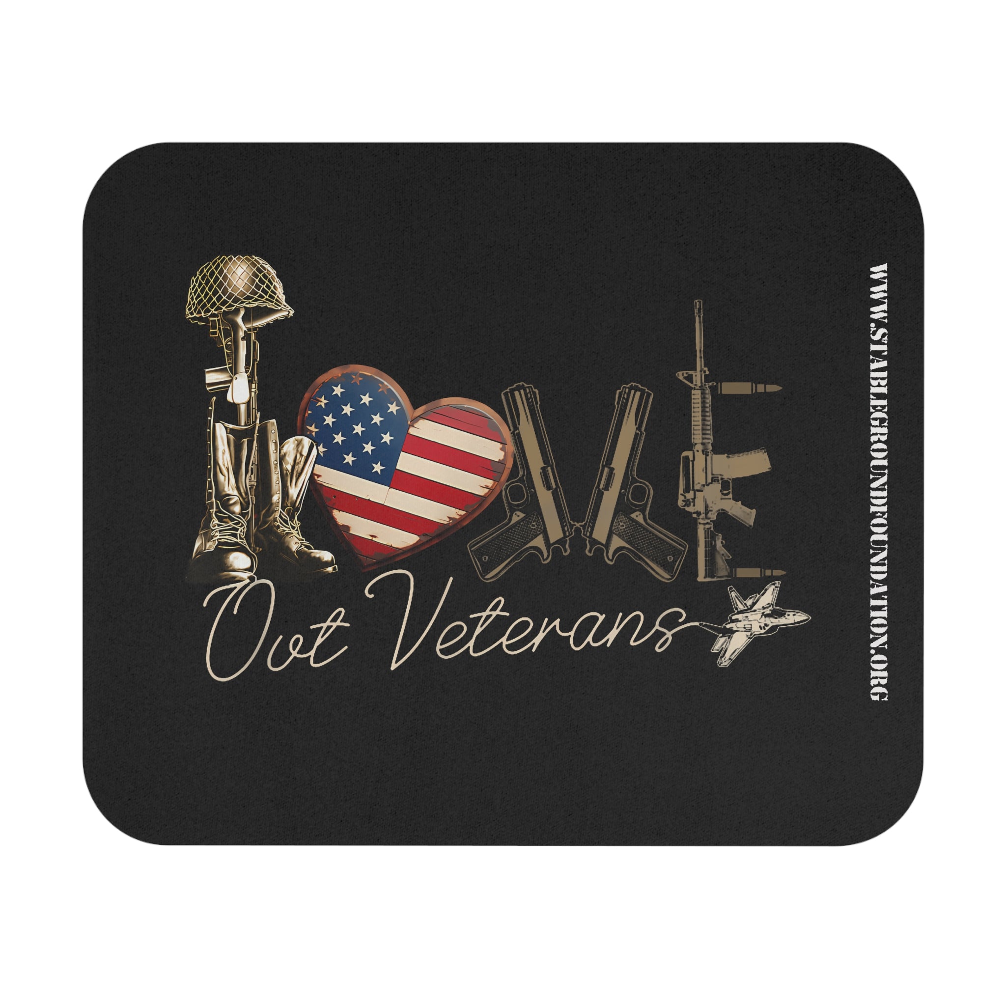Patriotic mouse pad featuring military helmet, rifles, and American flag heart spelling Love Our Veterans