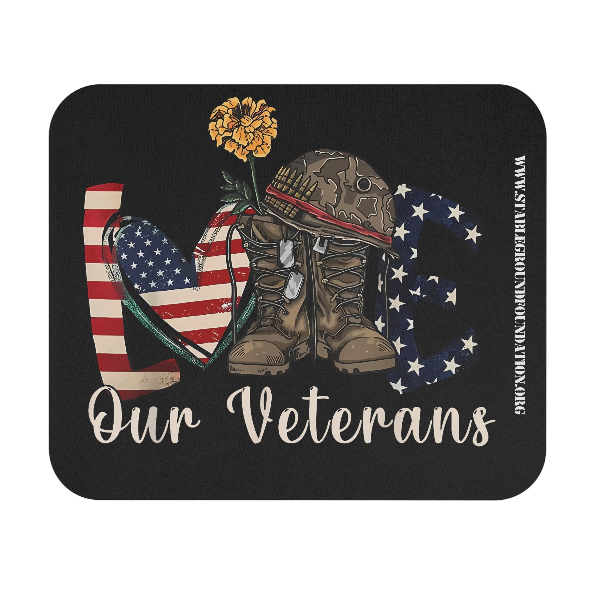 Patriotic mouse pad featuring American flag heart, sunflower, military boots, and the words Love Our Veterans