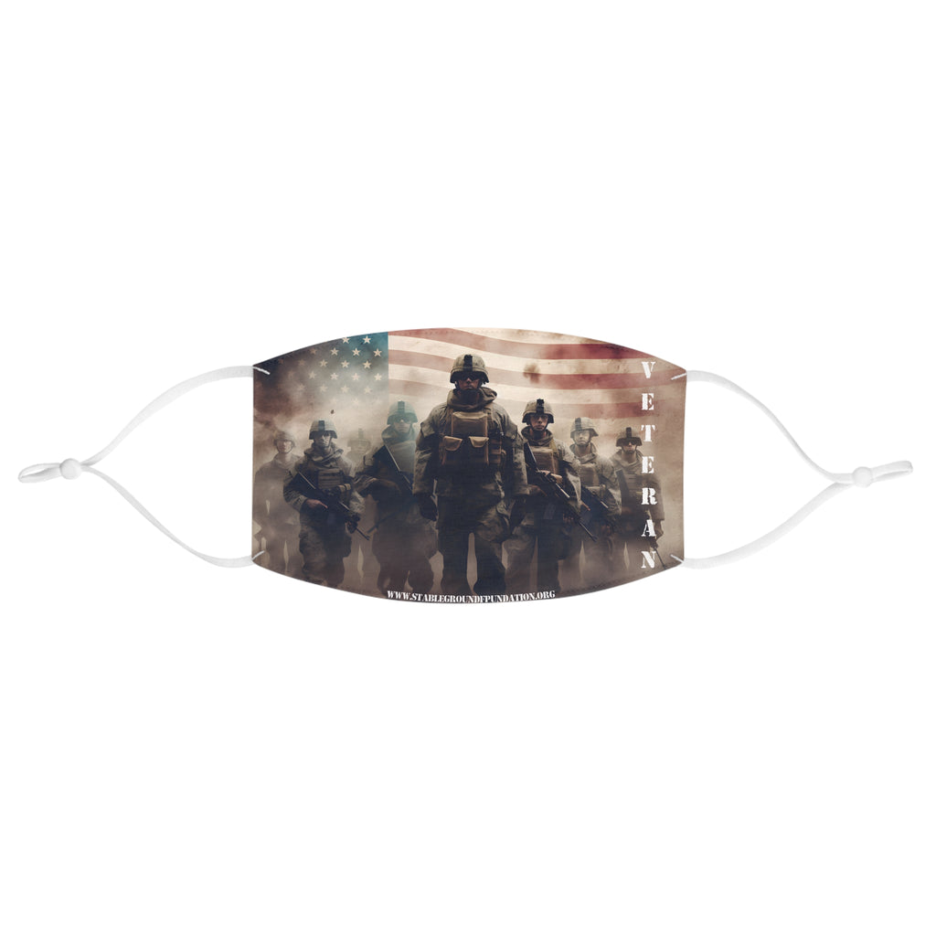 Patriotic face mask featuring soldiers marching forward under the American flag with the word veteran on the side.
