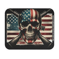 American flag skull mouse pad with crossed rifles and patriotic stars and stripes background featuring stablegroundfoundation.org