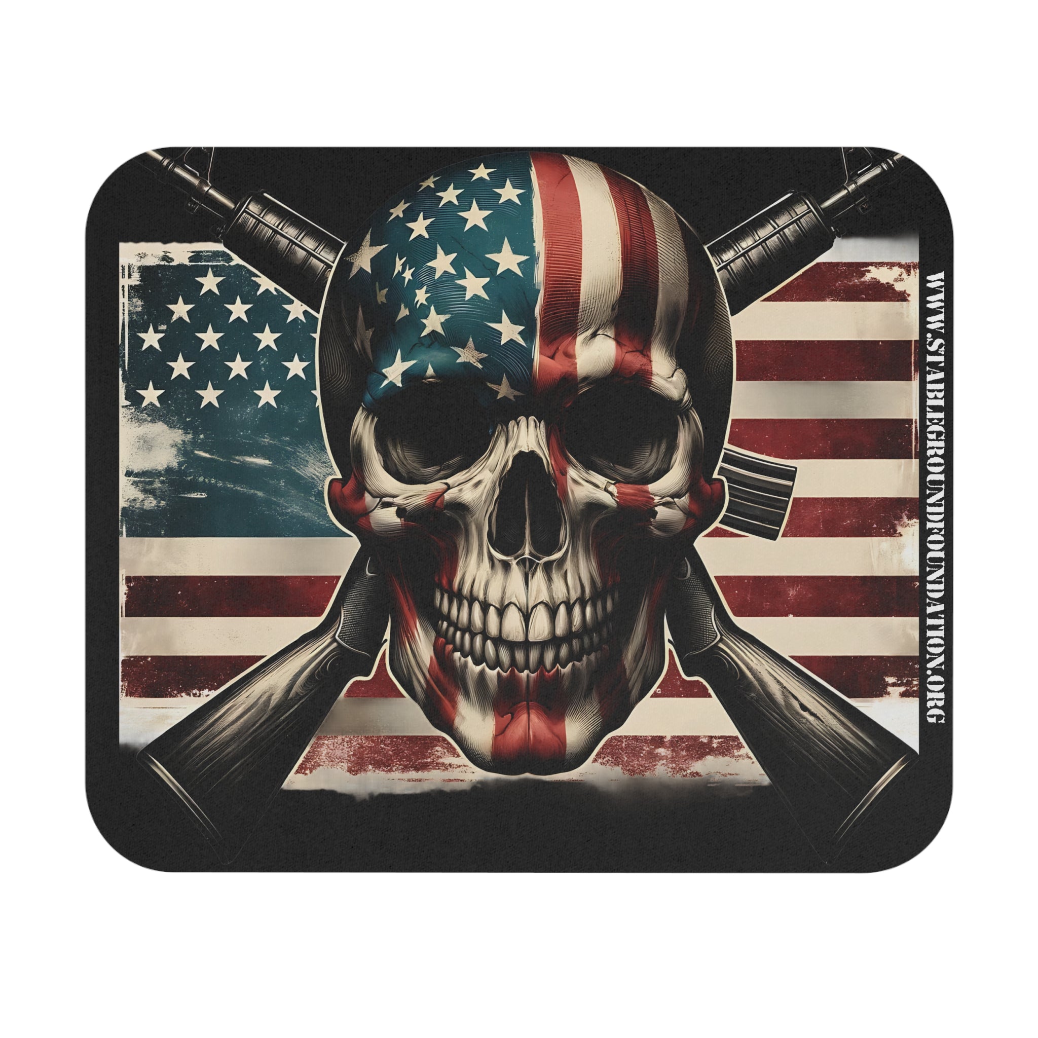American flag skull mouse pad with crossed rifles and patriotic stars and stripes background featuring stablegroundfoundation.org
