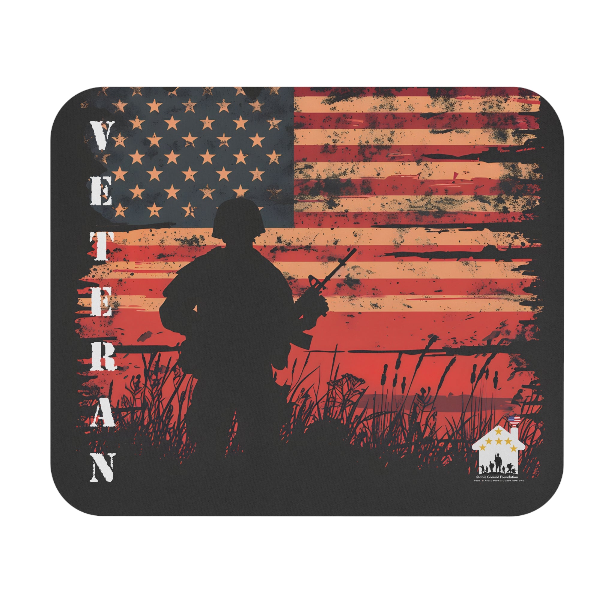 Mouse pad featuring silhouette of soldier standing before a distressed red American flag background symbolizing veteran pride.