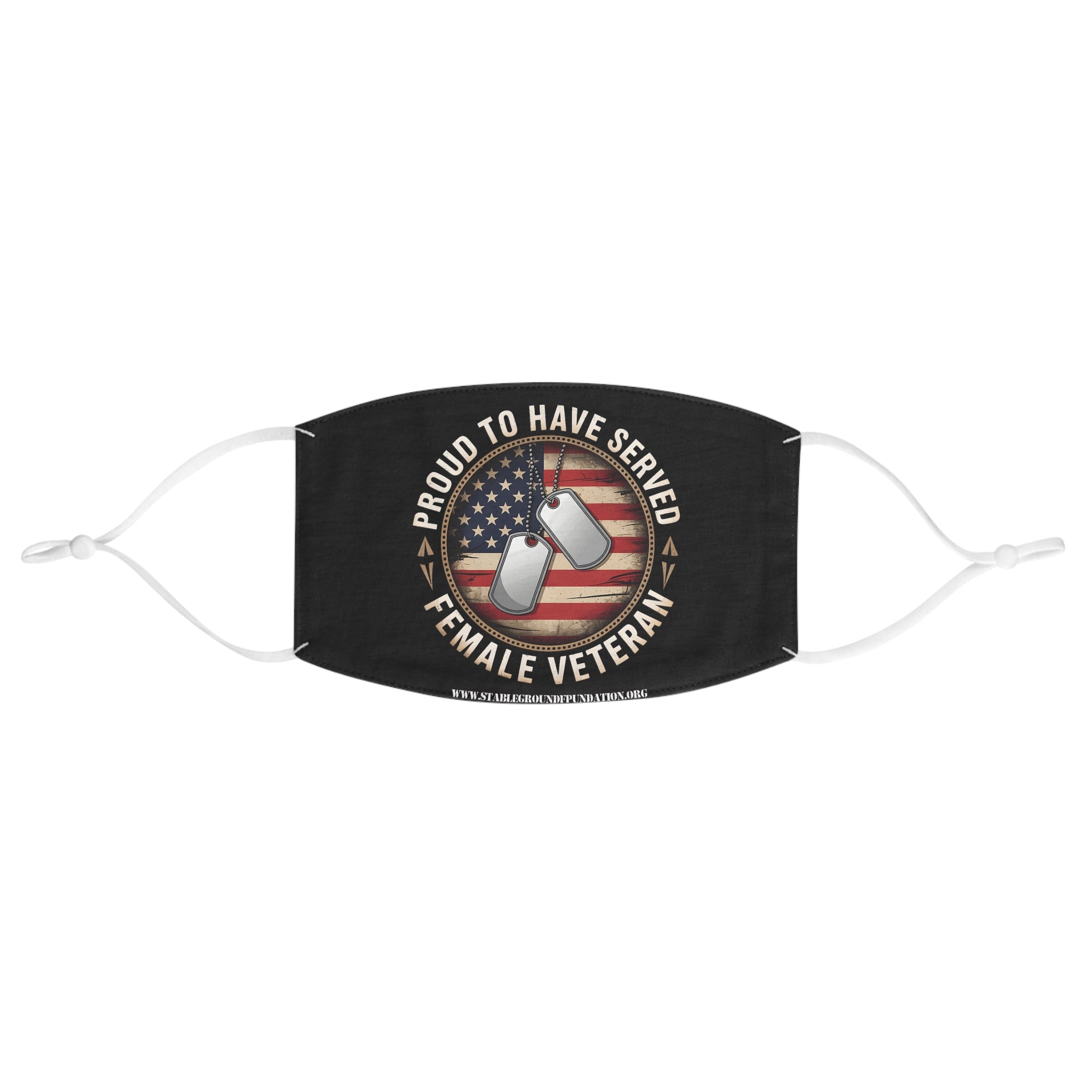 Black patriotic face mask with American flag background and dog tags that says Proud to Have Served Female Veteran.