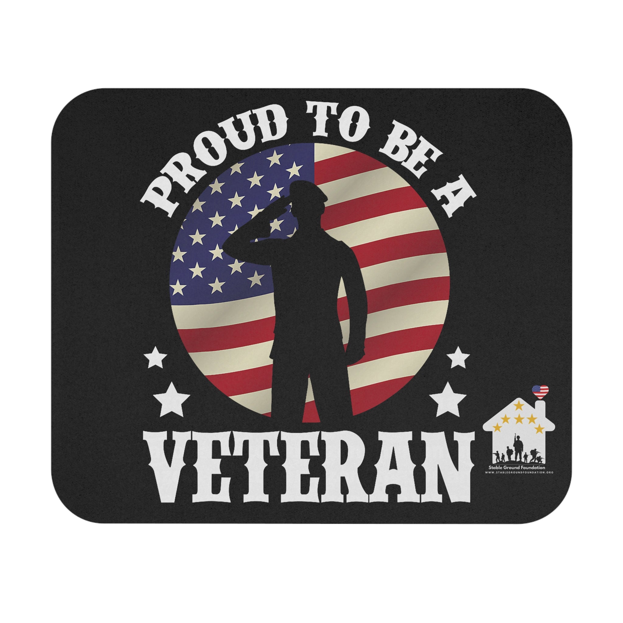 Mouse pad featuring silhouette of saluting soldier with American flag background and text Proud to Be a Veteran.