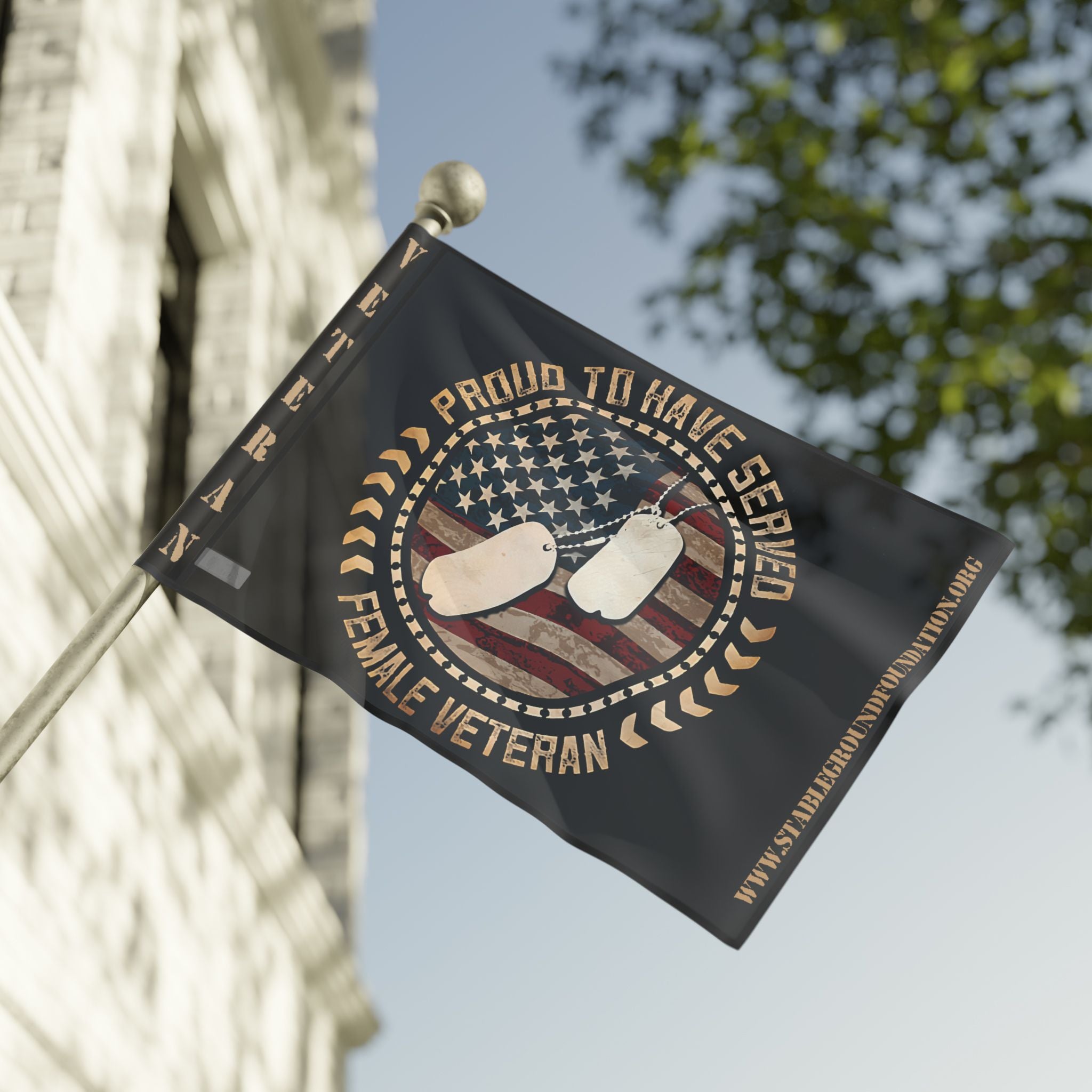 A tan patriotic flag featuring dog tags over an American flag background with the text “Proud to Have Served — Female Veteran,” celebrating women’s service and military pride.