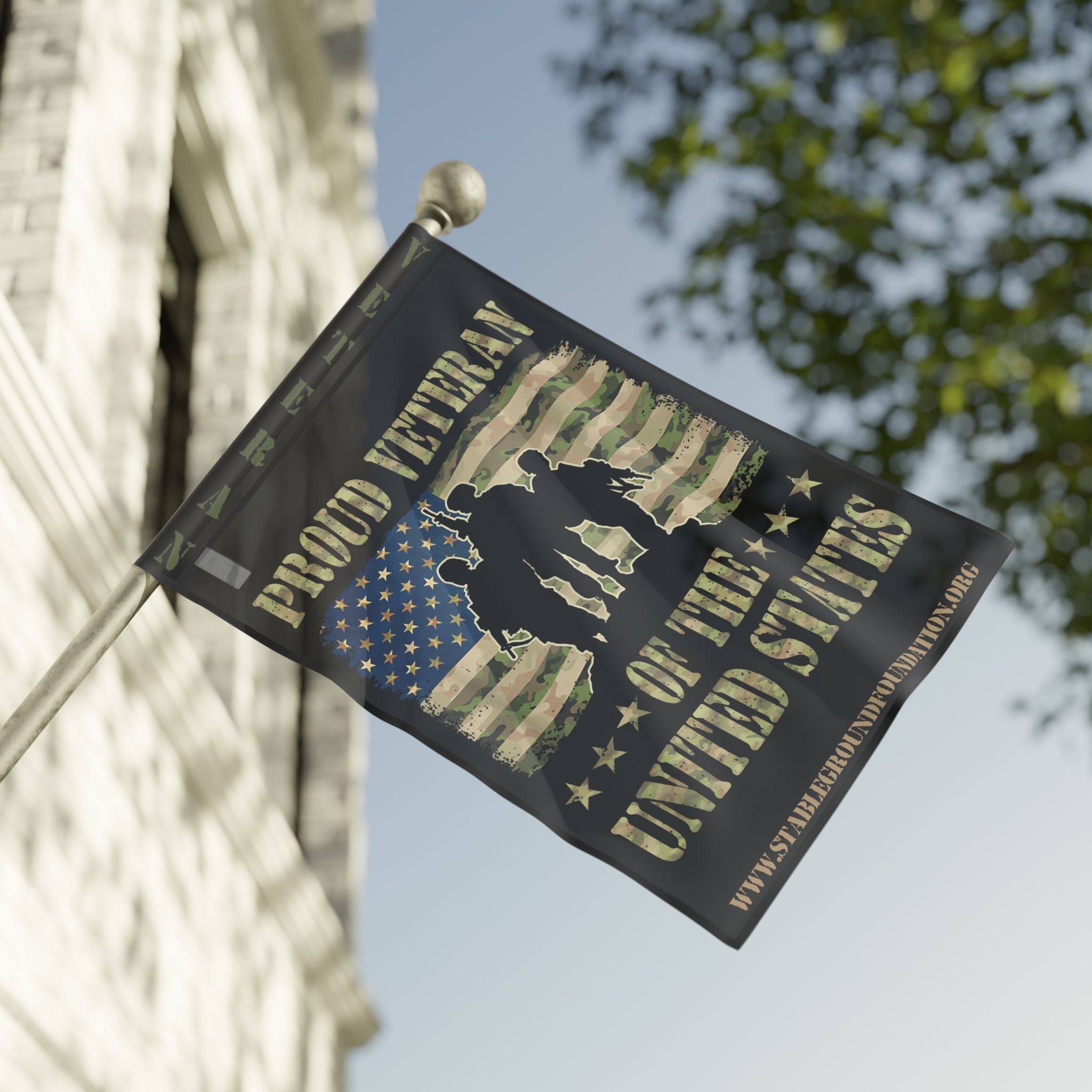 A patriotic flag featuring soldier silhouettes over a camouflage American flag background with the text “Proud Veteran of the United States,” symbolizing honor, pride, and military service.
