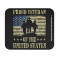 Patriotic mouse pad with soldiers standing before camo American flag design and text Proud Veteran of the United States.