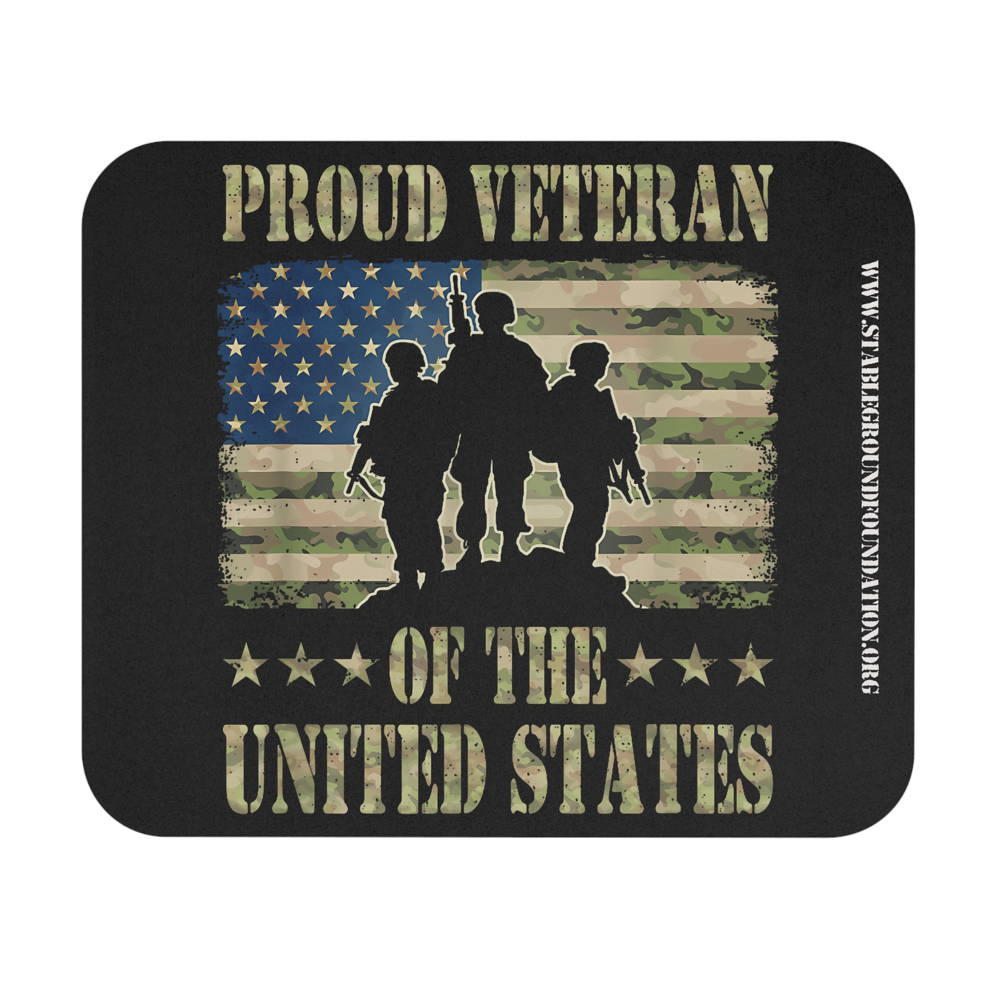 Patriotic mouse pad with soldiers standing before camo American flag design and text Proud Veteran of the United States.