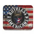 Ruthless Americans mouse pad featuring masked soldier with American flag and rustic wood flag background for veterans