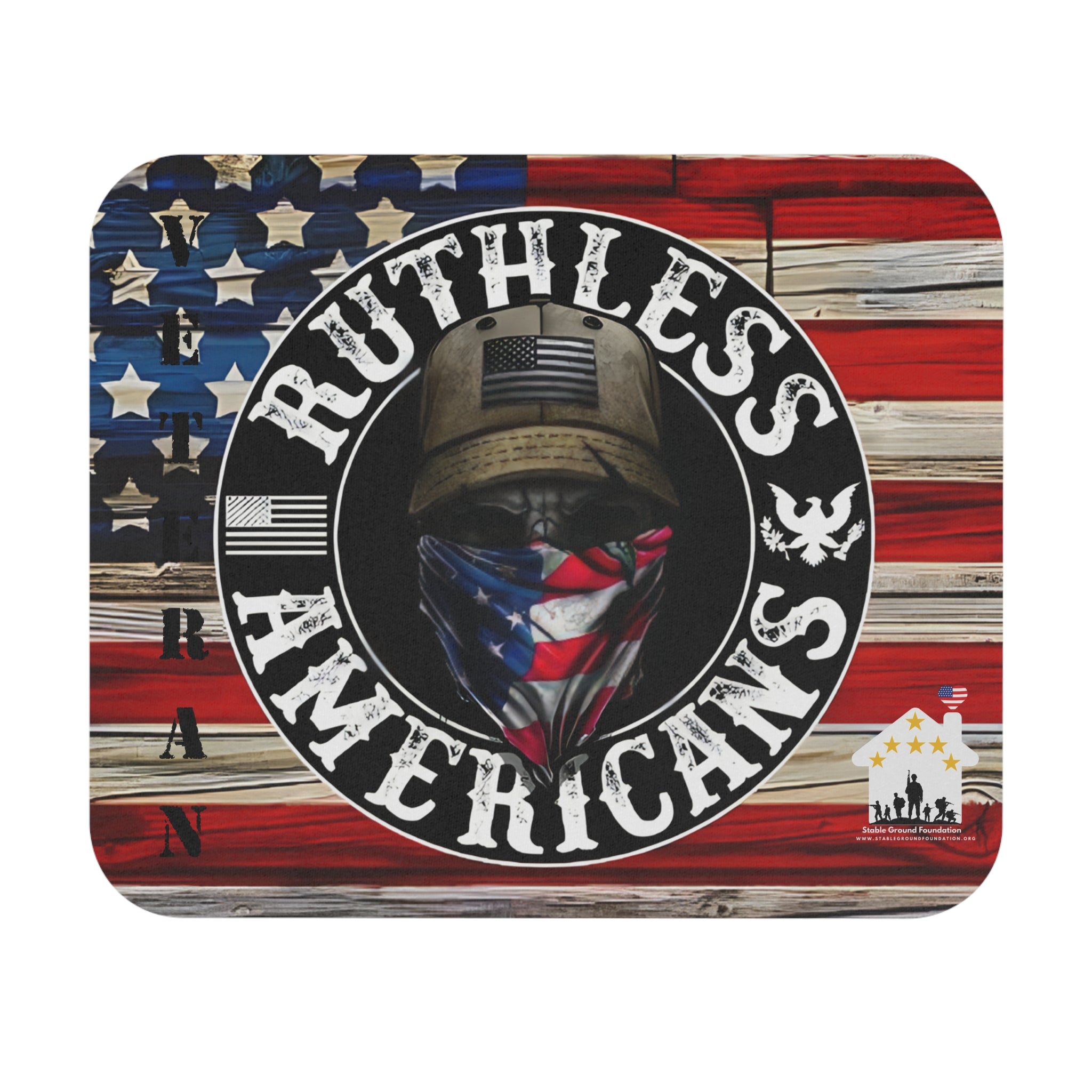 Ruthless Americans mouse pad featuring masked soldier with American flag and rustic wood flag background for veterans