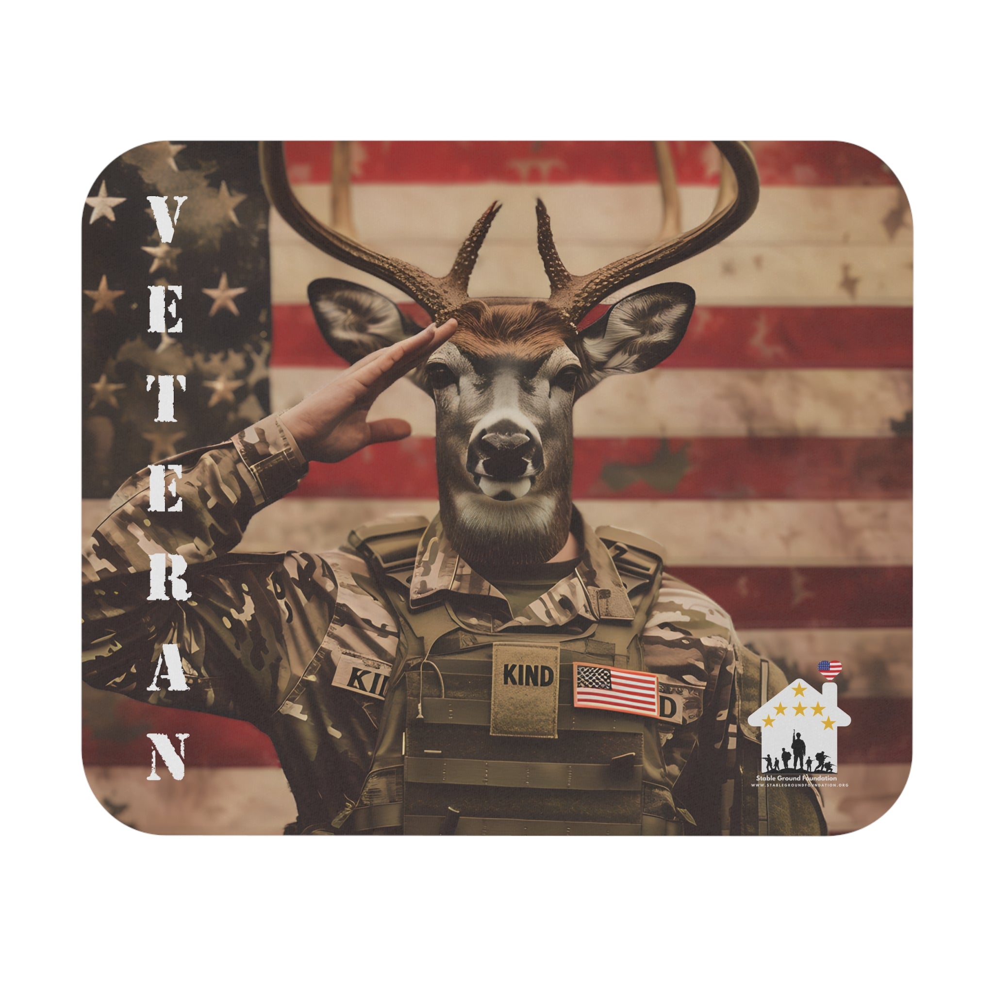 Mouse pad featuring soldier with deer head saluting in front of American flag representing veterans and patriotic pride.