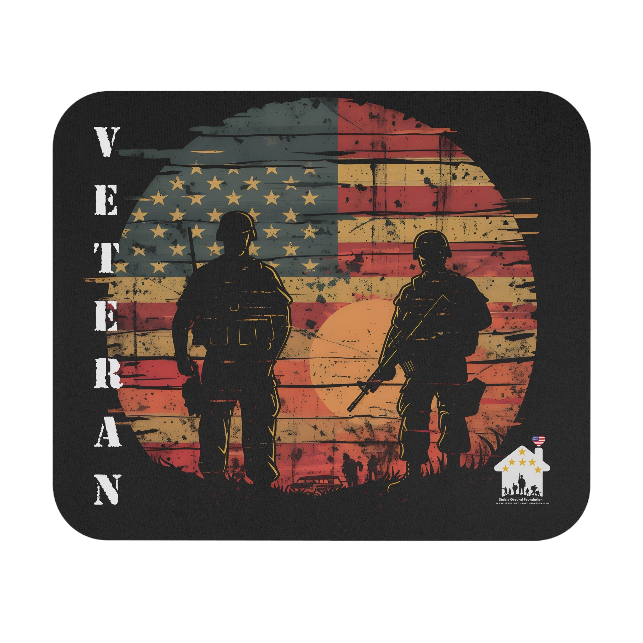 Mouse pad featuring two soldiers standing before a sunset with a distressed American flag background symbolizing veteran pride.