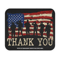 Mouse pad with silhouette soldiers saluting in front of a distressed American flag and text reading Thank You.