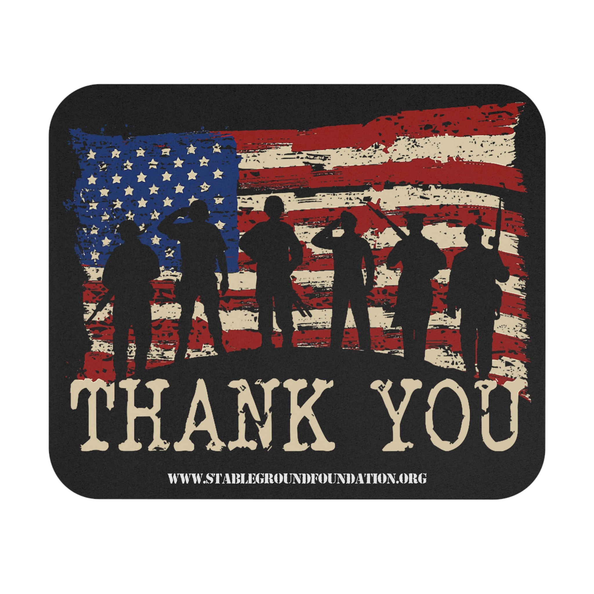 Mouse pad with silhouette soldiers saluting in front of a distressed American flag and text reading Thank You.