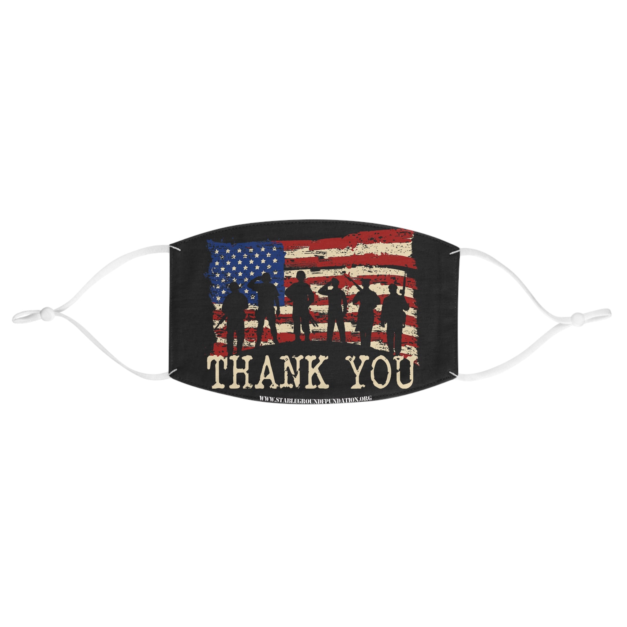 Patriotic face mask featuring soldier silhouettes and American flag background with the words Thank You.