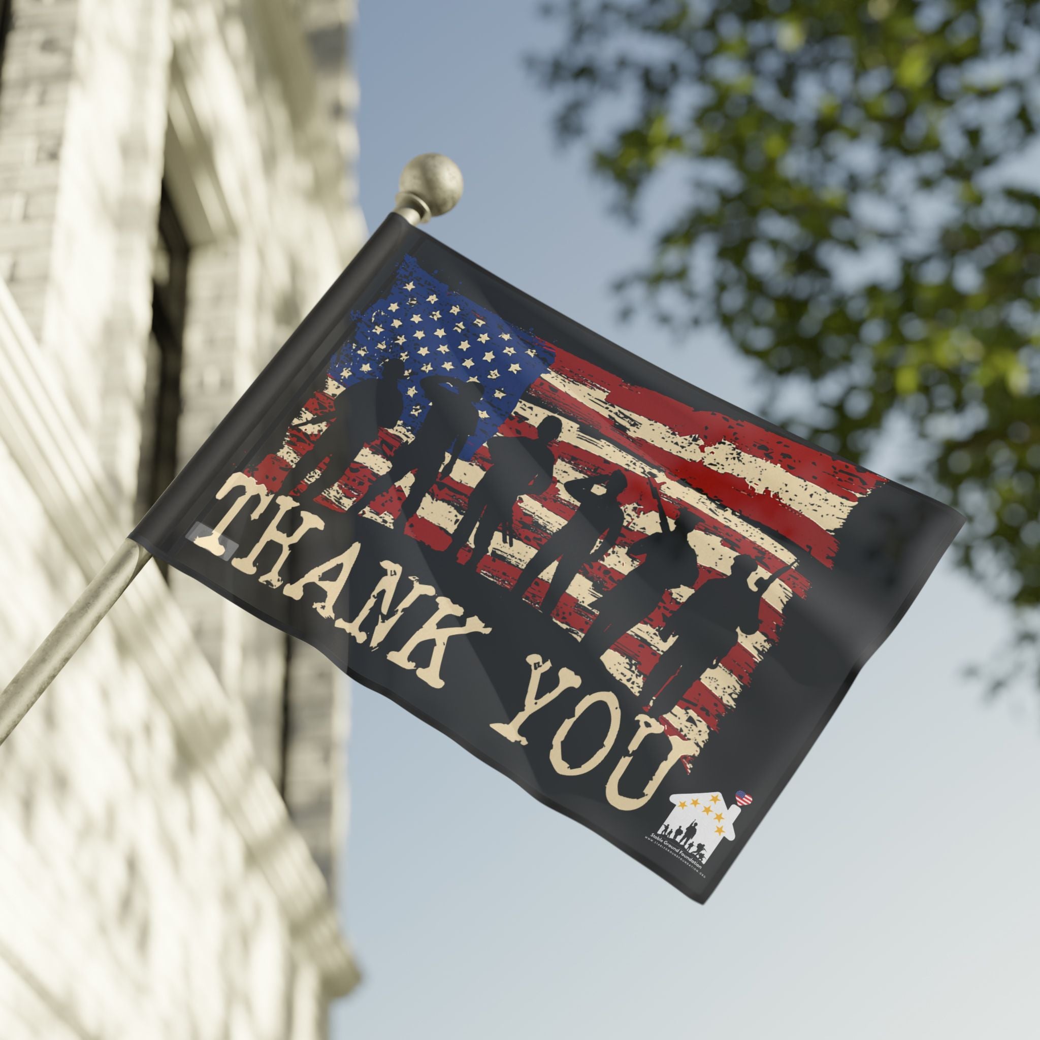 Patriotic flag featuring silhouettes of soldiers saluting in front of a distressed American flag background with the words “Thank You,” honoring U.S. veterans and military heroes.