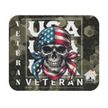 USA Veteran mouse pad featuring skull wearing American flag bandana with camo background.