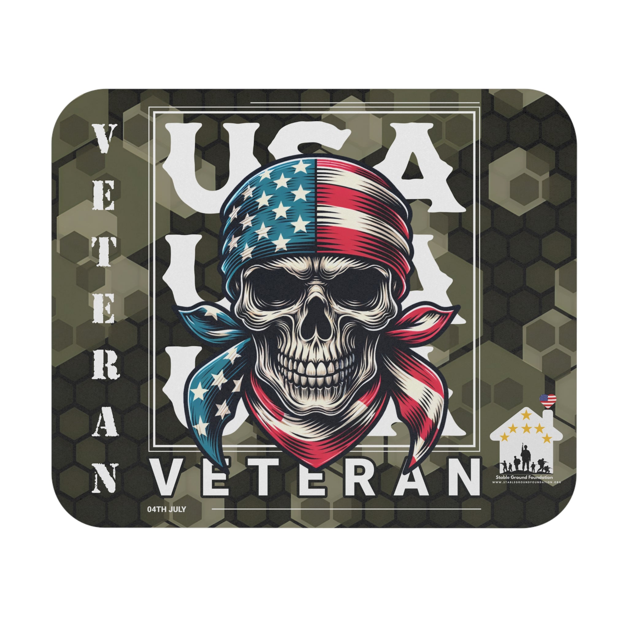 USA Veteran mouse pad featuring skull wearing American flag bandana with camo background.