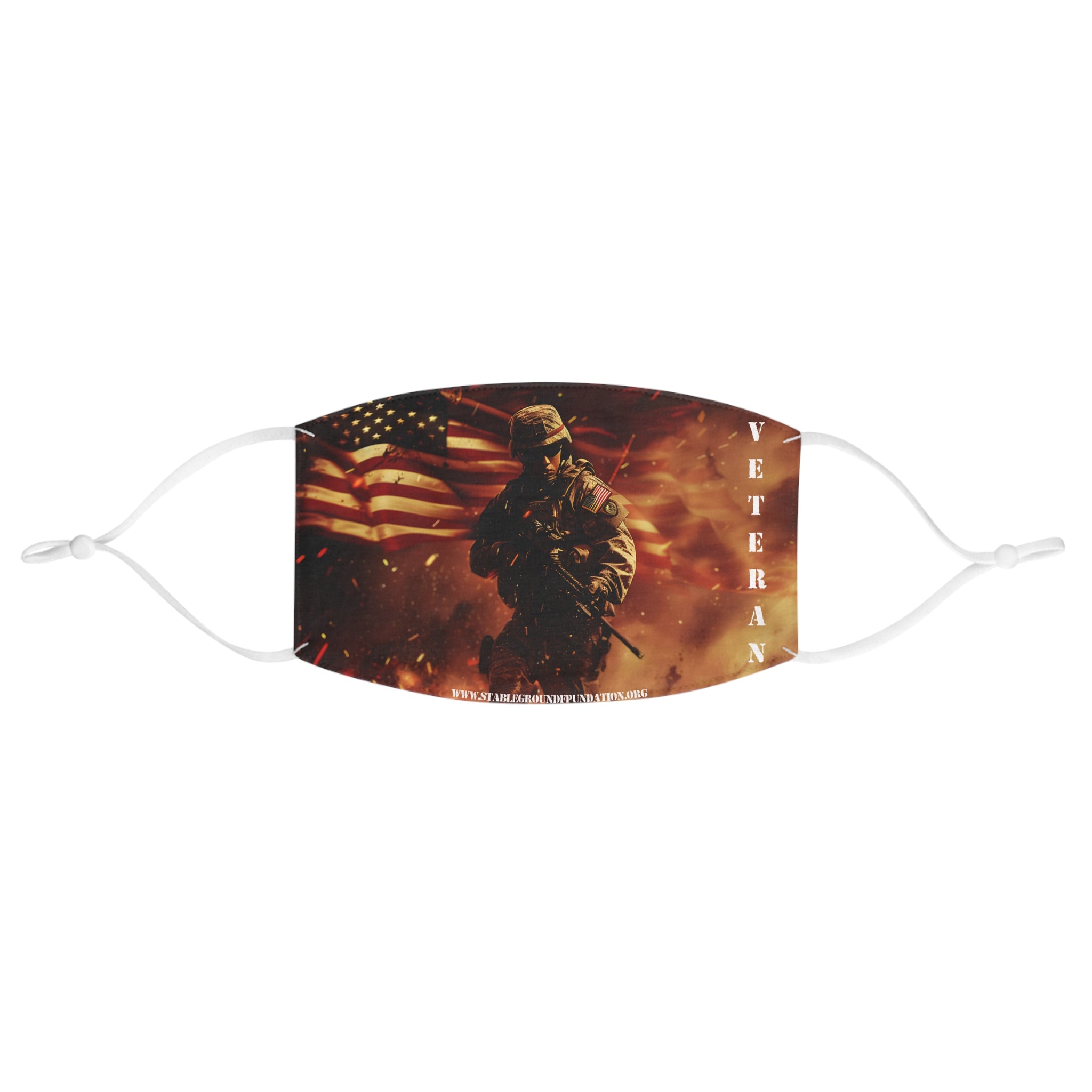 Patriotic face mask featuring soldier holding a rifle in front of a waving American flag with the word veteran on the side.