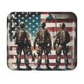 Mouse pad with three soldiers standing before an American flag and the word Veteran printed vertically on the left side.