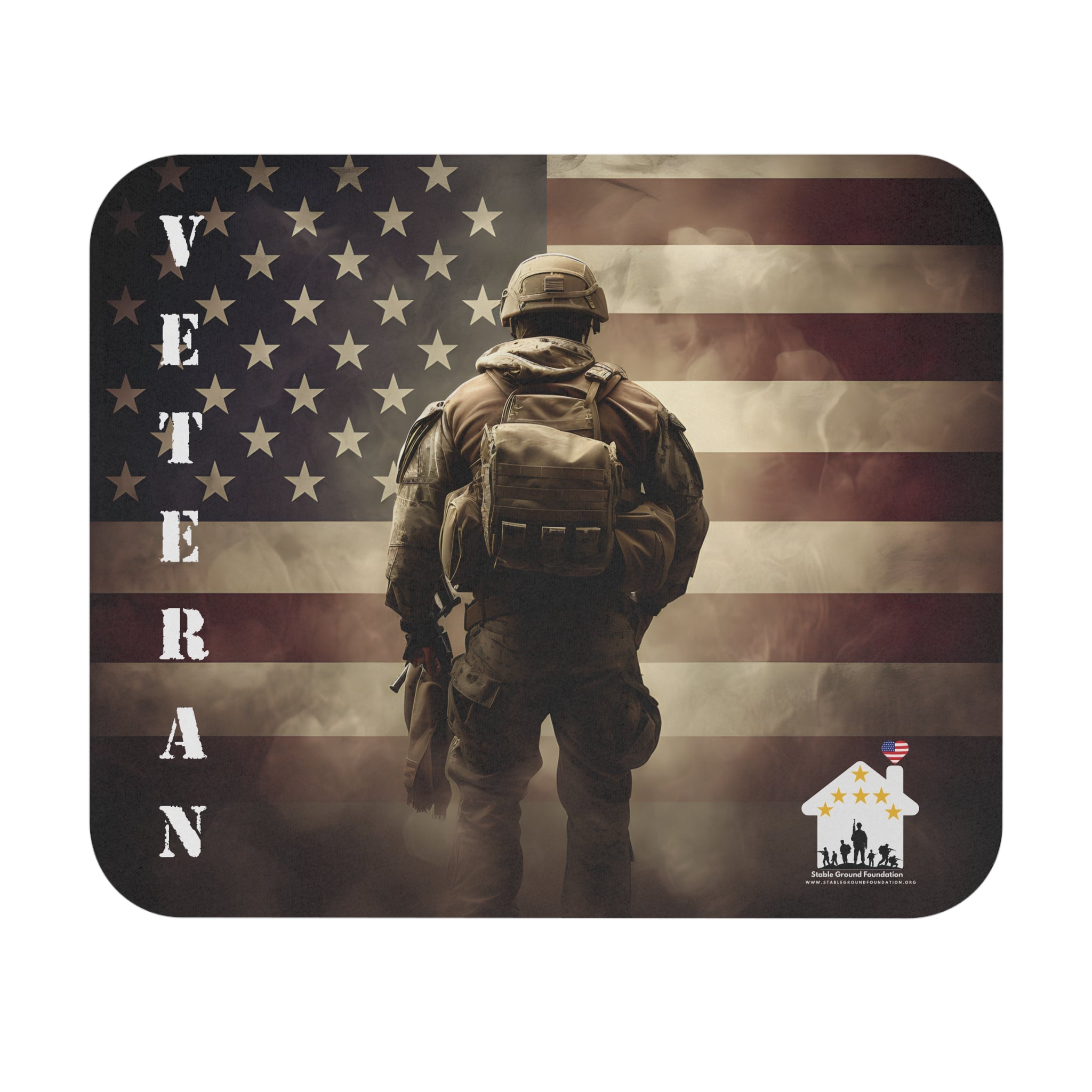 Veteran mouse pad with American flag and soldier standing in silhouette.