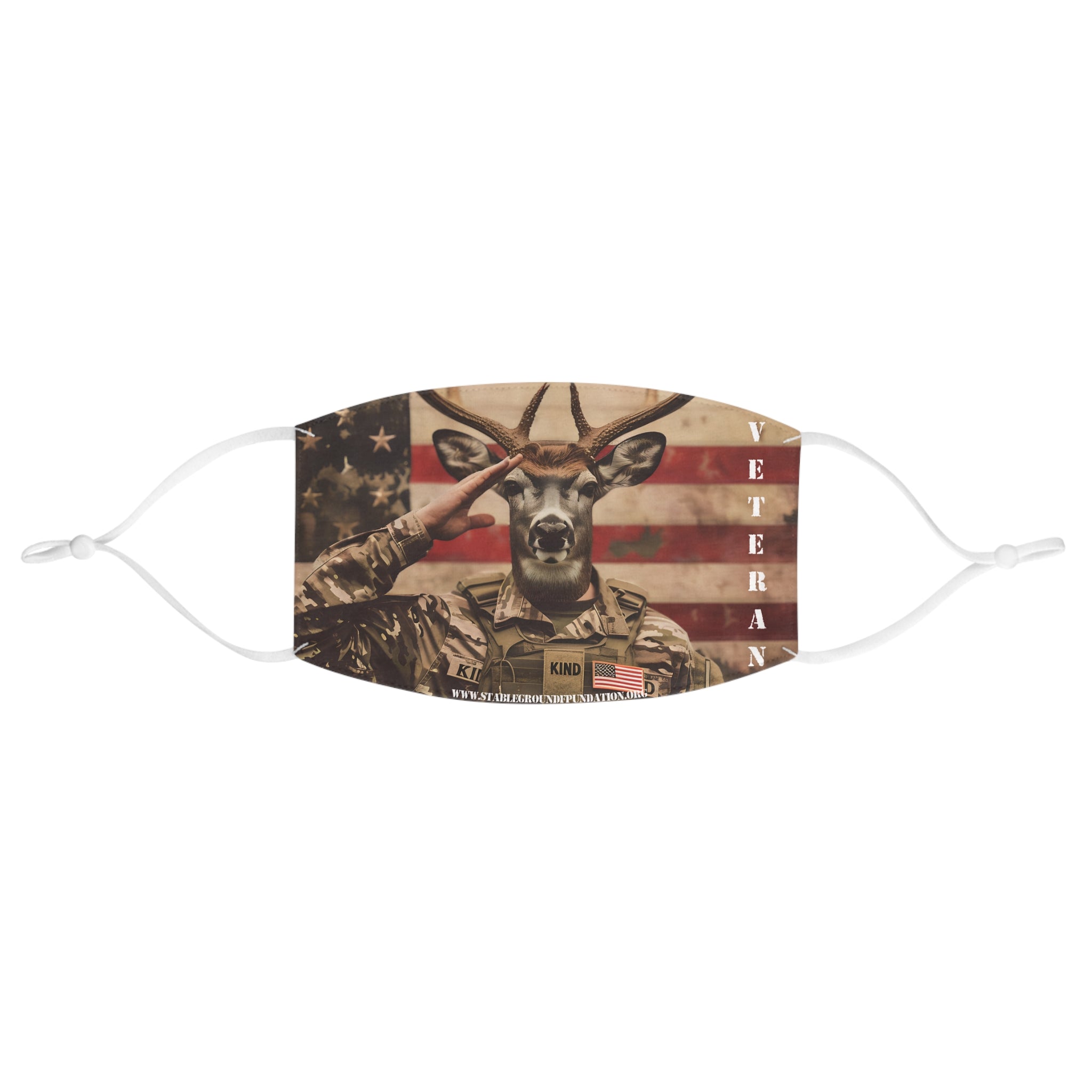 Funny patriotic face mask featuring a deer in military uniform saluting in front of the American flag with veteran text.