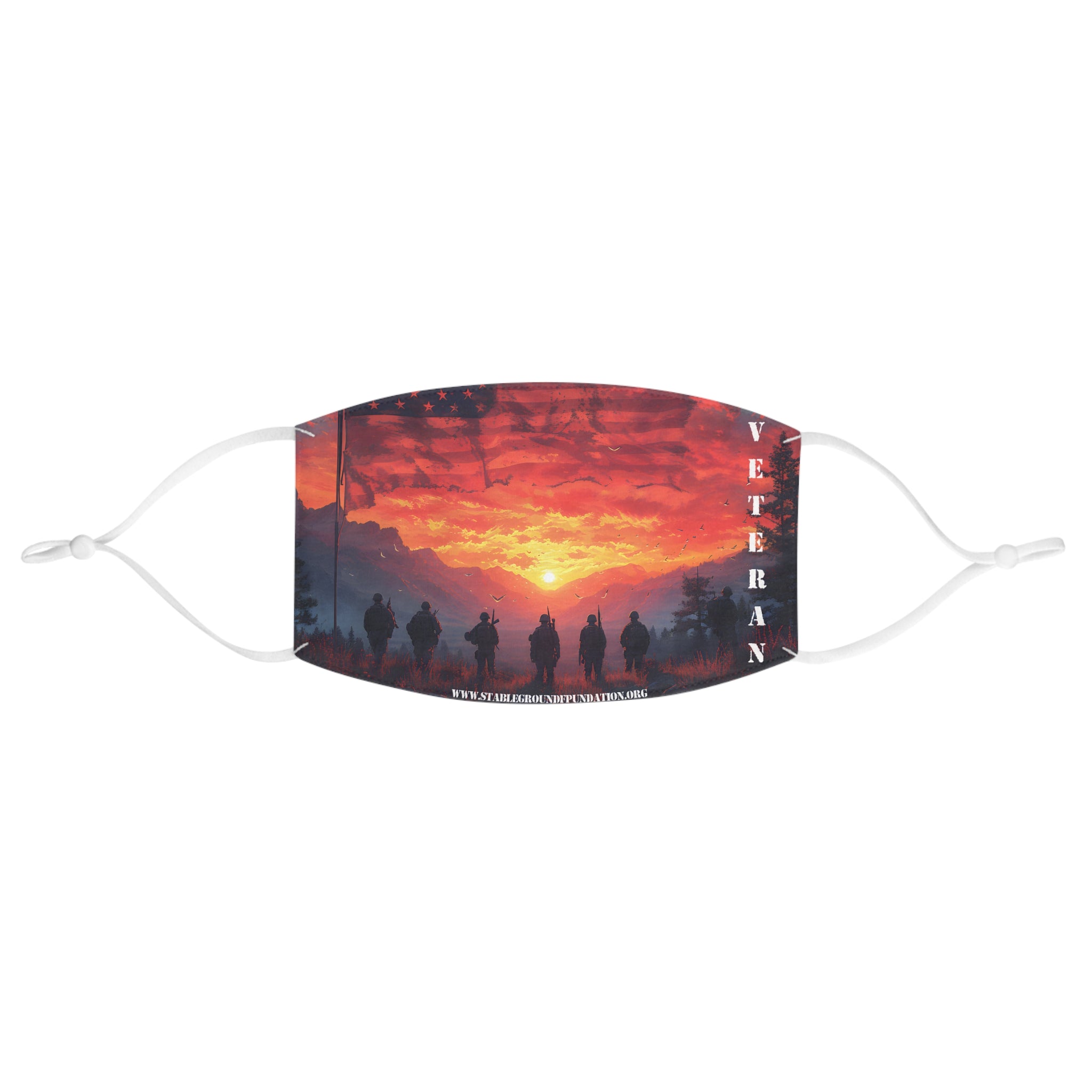 Patriotic face mask featuring soldier silhouettes walking toward a red sunset with the word veteran and American flag background.