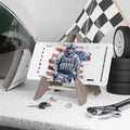 White vanity license plate with a watercolor-style American soldier and U.S. flag background, “Veteran” text on the side.